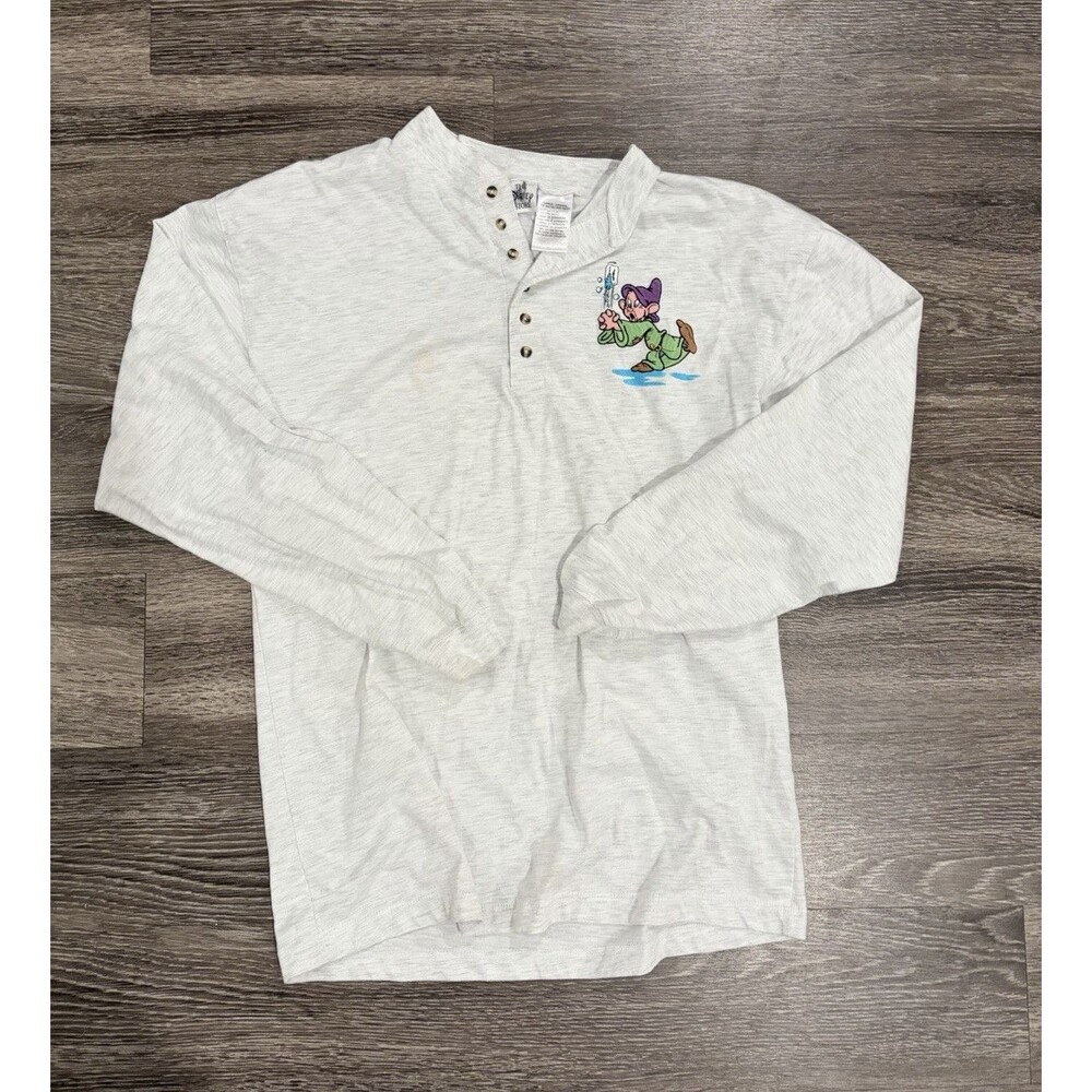 Vintage Y2K Disney Goofy Embroidered White Henley Long Sleeve T-Shirt Men’s L